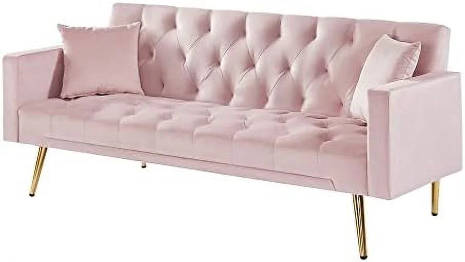 Pink Velvet Futon Sofa Bed with Two Pillows and Metal Legs W149