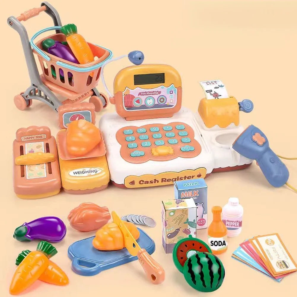 Toddler Pretend Play Cash Register Toy with Scanner, Play Food, Play Money N609
