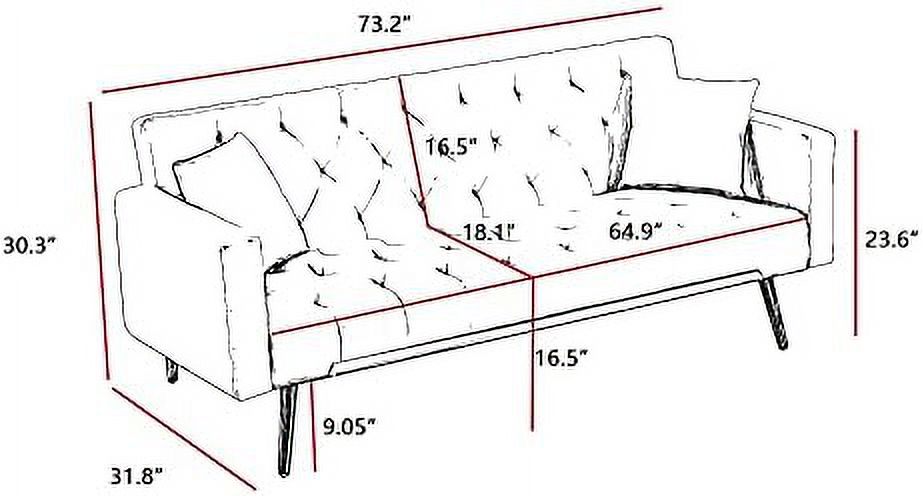 Pink Velvet Futon Sofa Bed with Two Pillows and Metal Legs W149