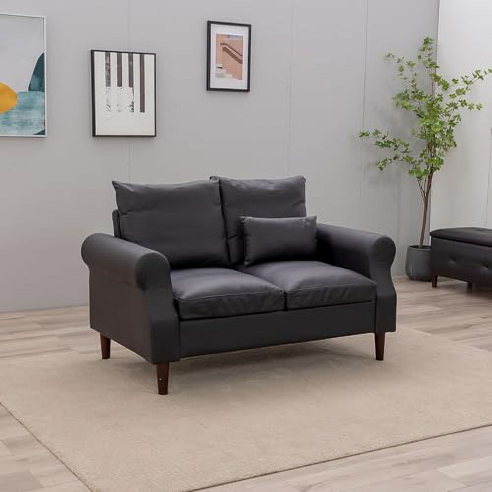 Black Faux Leather 2-Seat Sofa with Wood Leg R5905