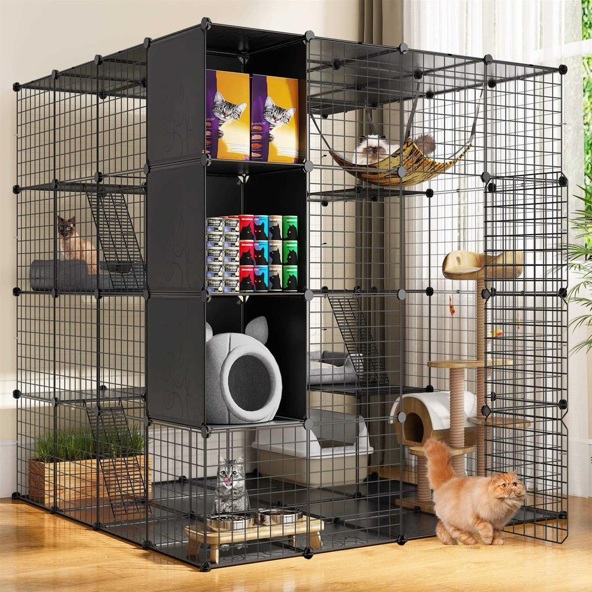 Cat Cage Indoor Large with Storage Cube DIY Catio Cat Enclosures Metal Cat Playpen with Hammock X378075