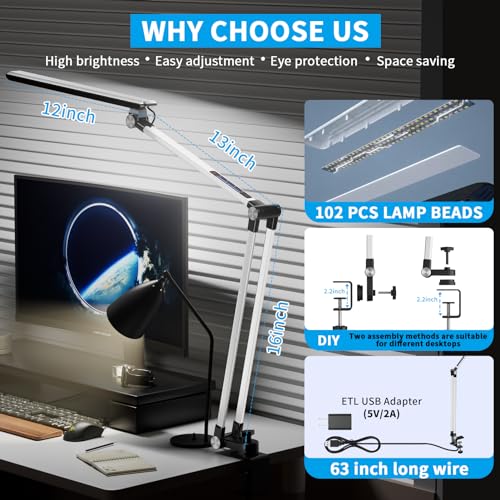 Metallic Gray Swing Arm Desk Lamp with Clamp A88567