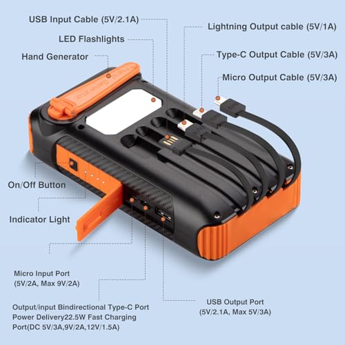 20000mAh Solar Power Bank with Hand Crank and 4 Cables V99875