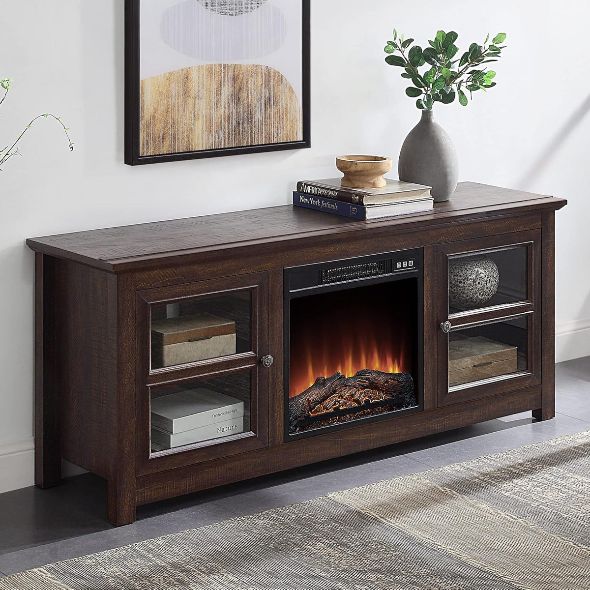 58 Inch Electric Fireplace TV Stand with Open Storage Shelves & Cabinets T963