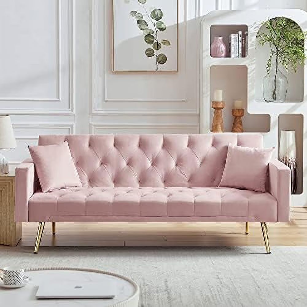 Pink Velvet Futon Sofa Bed with Two Pillows and Metal Legs W149