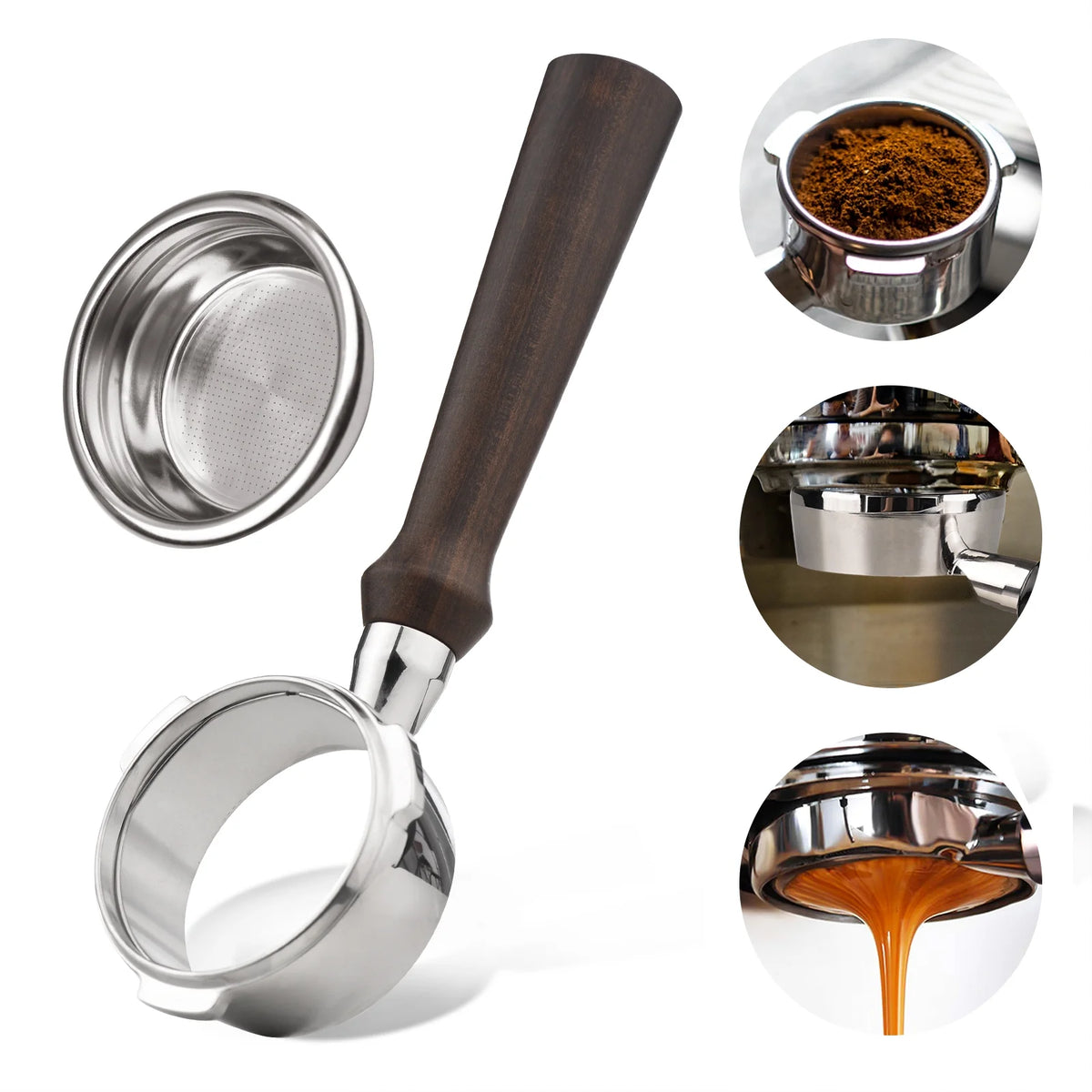 Stainless Steel Bottomless Naked Portafilter with Wooden Handle K4429