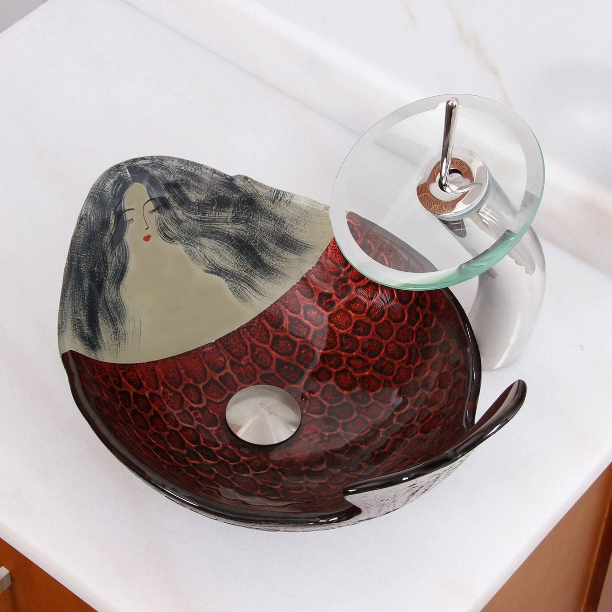 Chrome Finish Tempered Glass Bathroom Vessel Sink and Waterfall Faucet Combo S41227