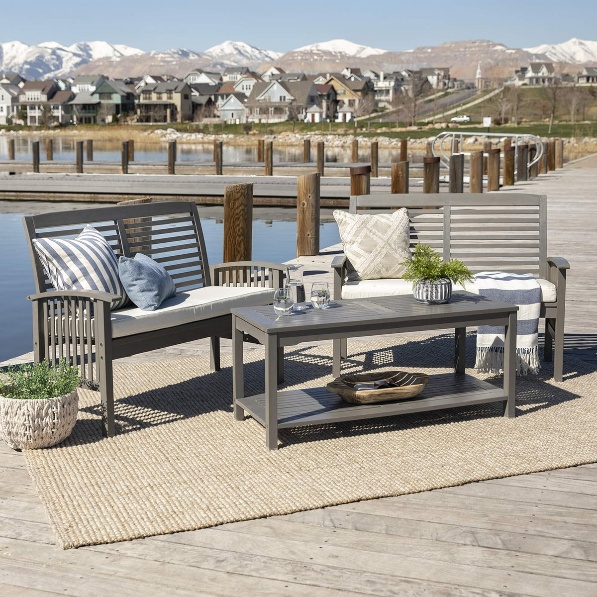 Solid Acacia Wood Slat Back Outdoor Dining Chairs, Set of 2, Dark Brown R537