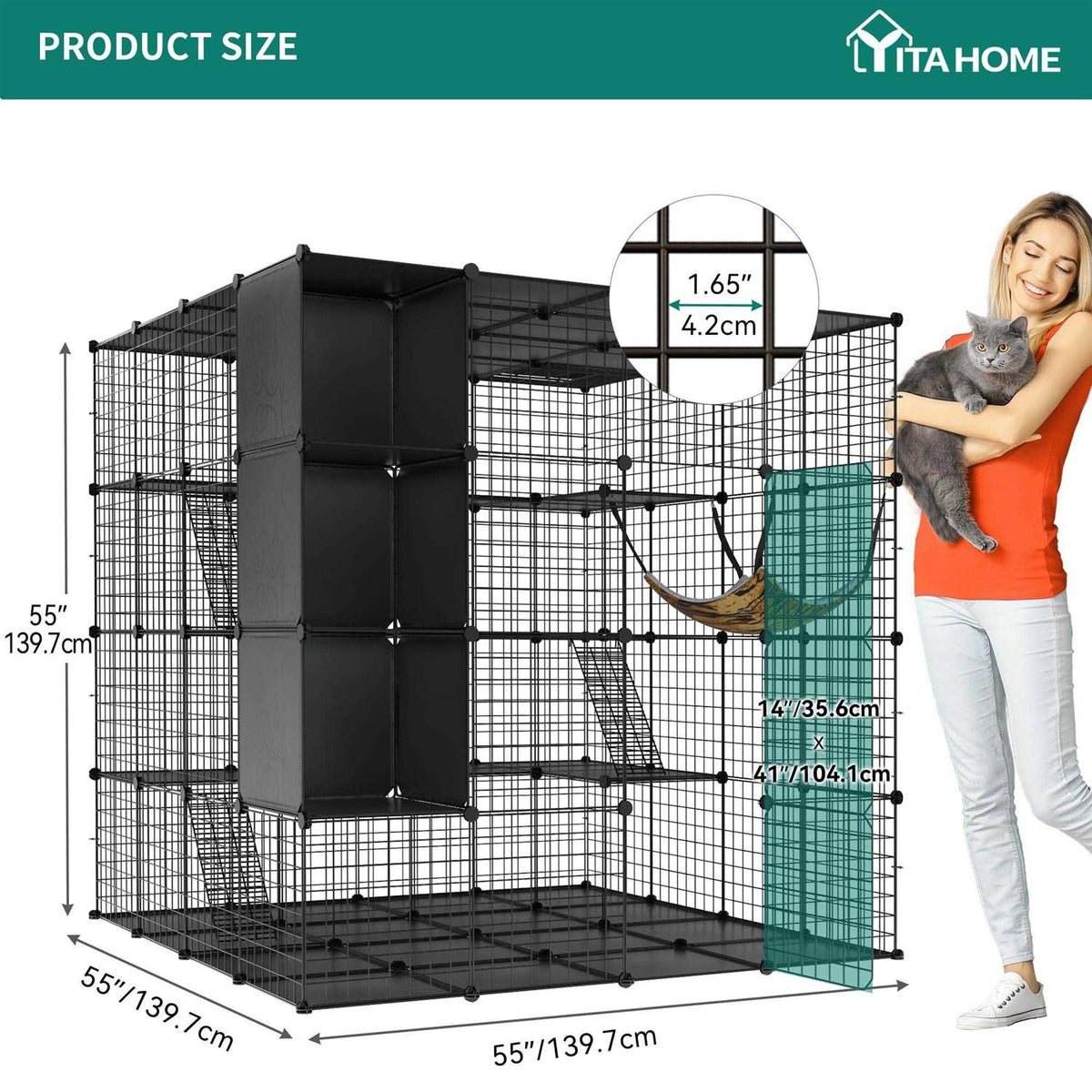 Cat Cage Indoor Large with Storage Cube DIY Catio Cat Enclosures Metal Cat Playpen with Hammock X378075