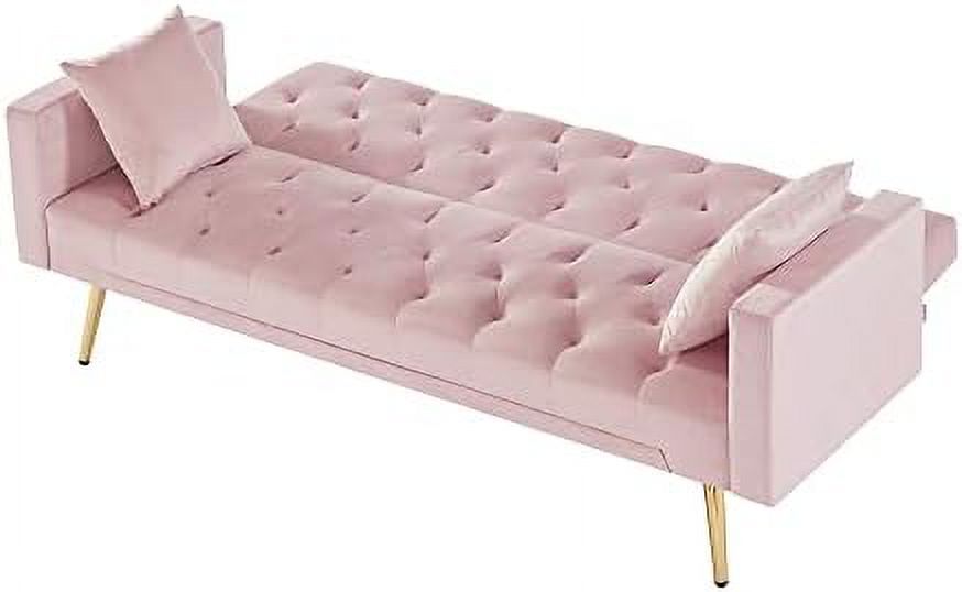 Pink Velvet Futon Sofa Bed with Two Pillows and Metal Legs W149