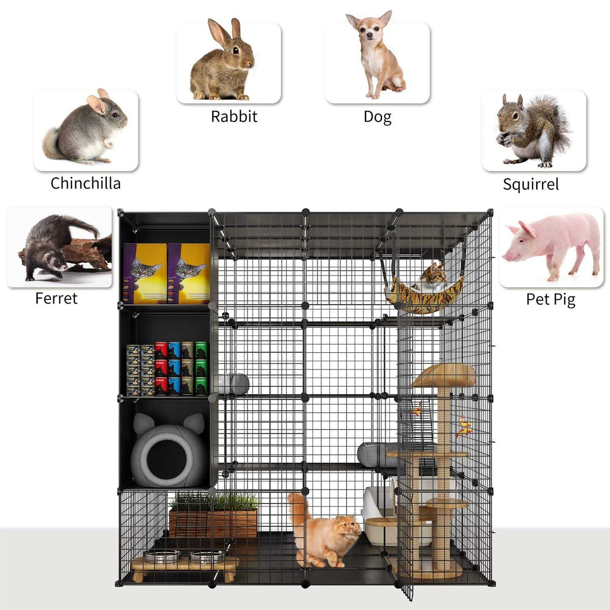 Cat Cage Indoor Large with Storage Cube DIY Catio Cat Enclosures Metal Cat Playpen with Hammock X378075