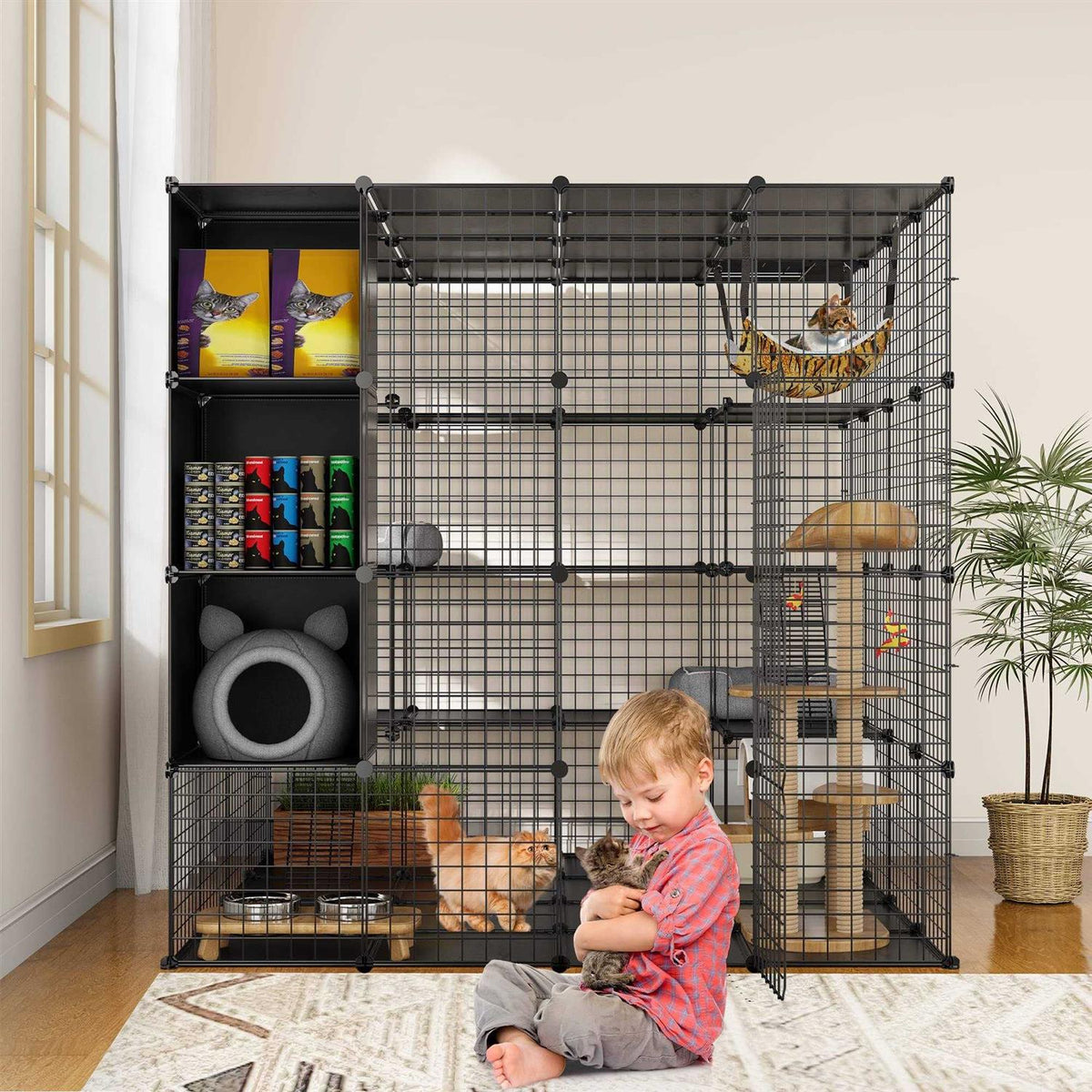 Cat Cage Indoor Large with Storage Cube DIY Catio Cat Enclosures Metal Cat Playpen with Hammock X378075