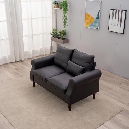 Black Faux Leather 2-Seat Sofa with Wood Leg R5905