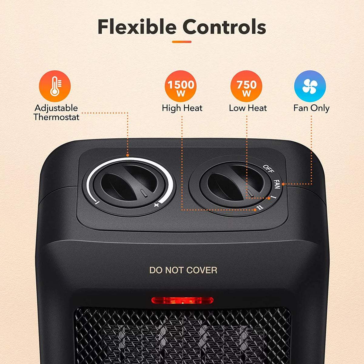 Portable Ceramic Space Heater, 1500W/750W Electric Heater with Overheat and Tip Over Protection W621