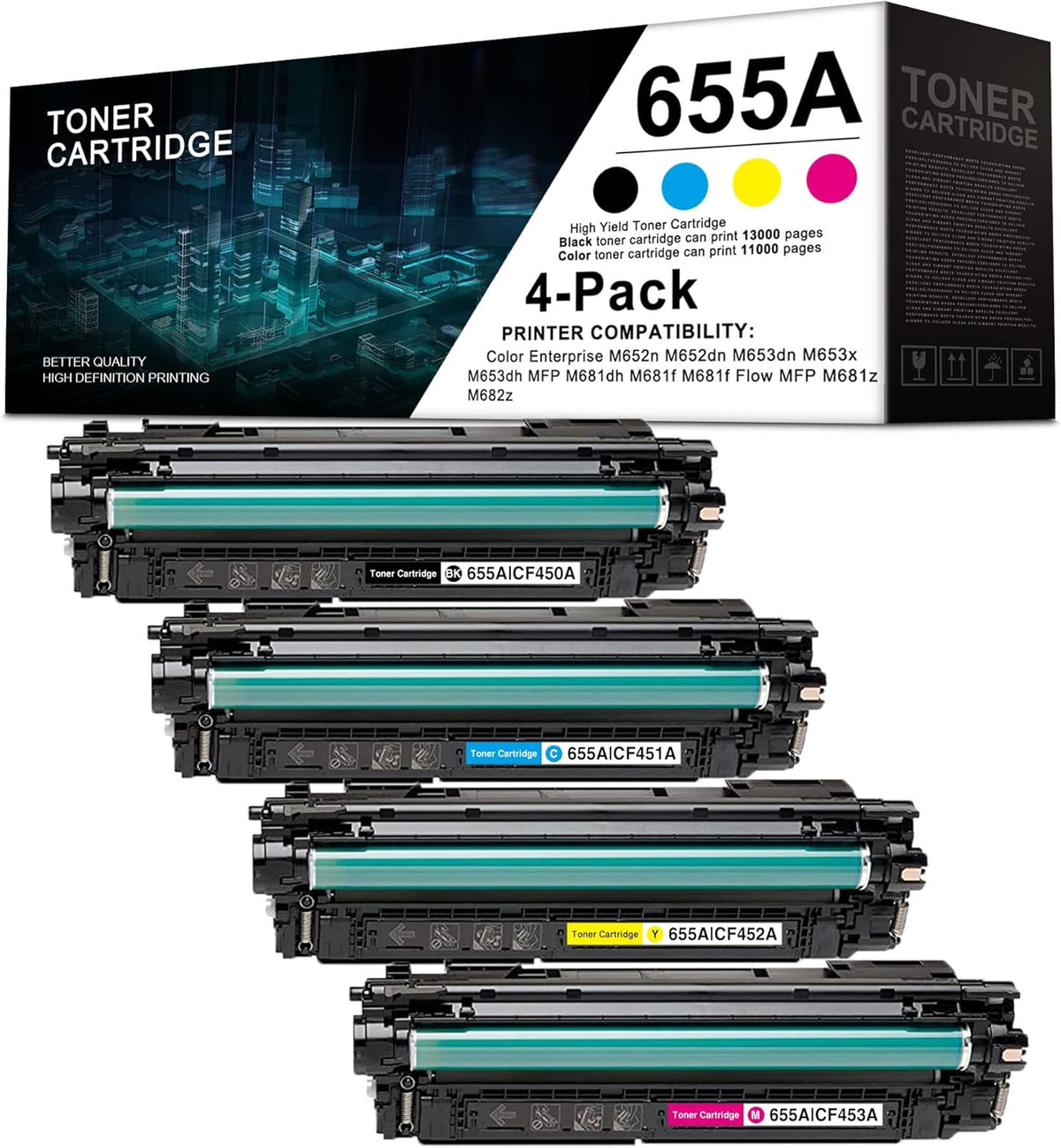 4 Pack Toner Cartridge Replacement for HP Color Enterprise M652n M652dn M653dn M653x M653dh MFP M681dh M681f Flow MFP M681f M681z M682z P2156