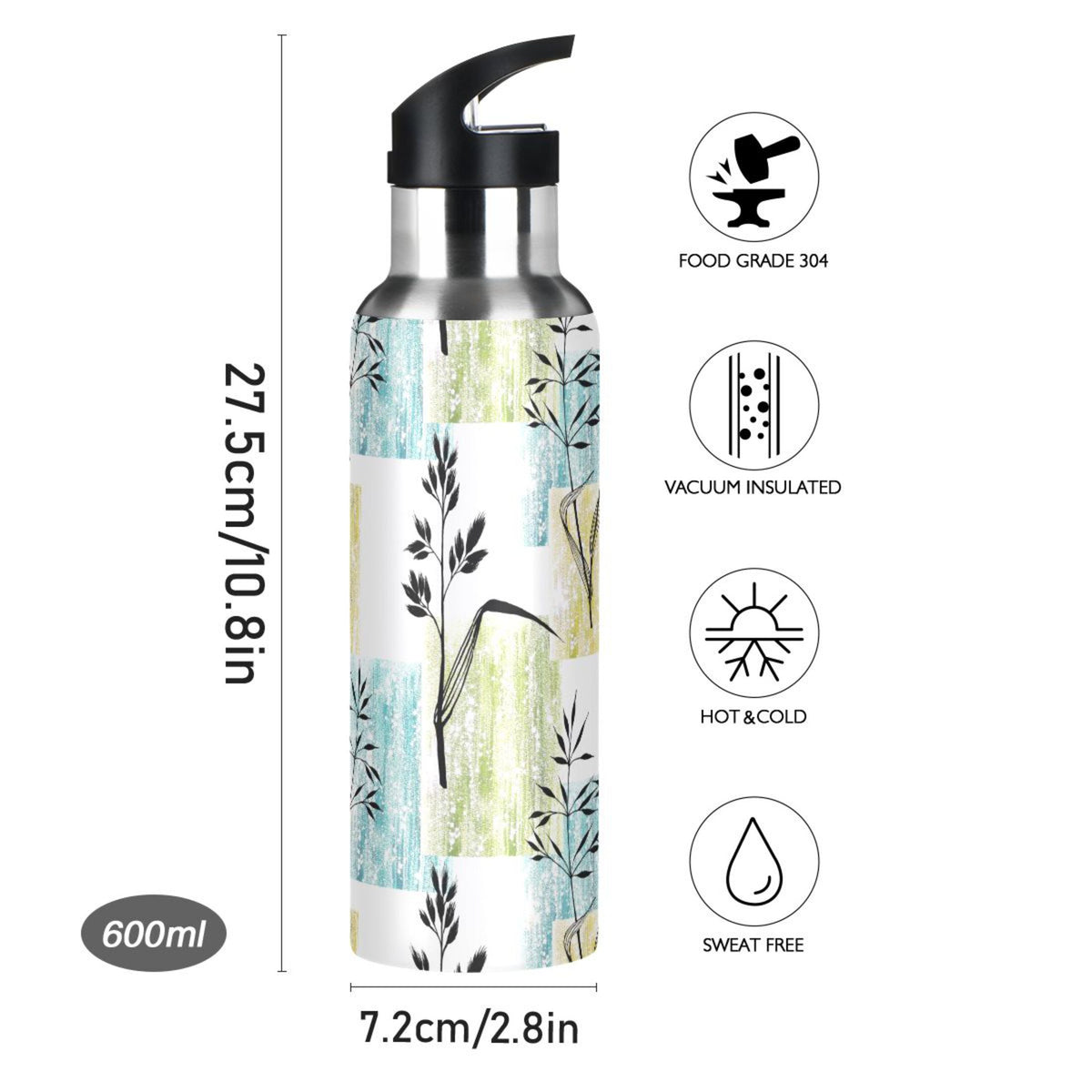 Black and White Grasses Stainless Steel Insulated Water Bottle with Straw Lid O174459