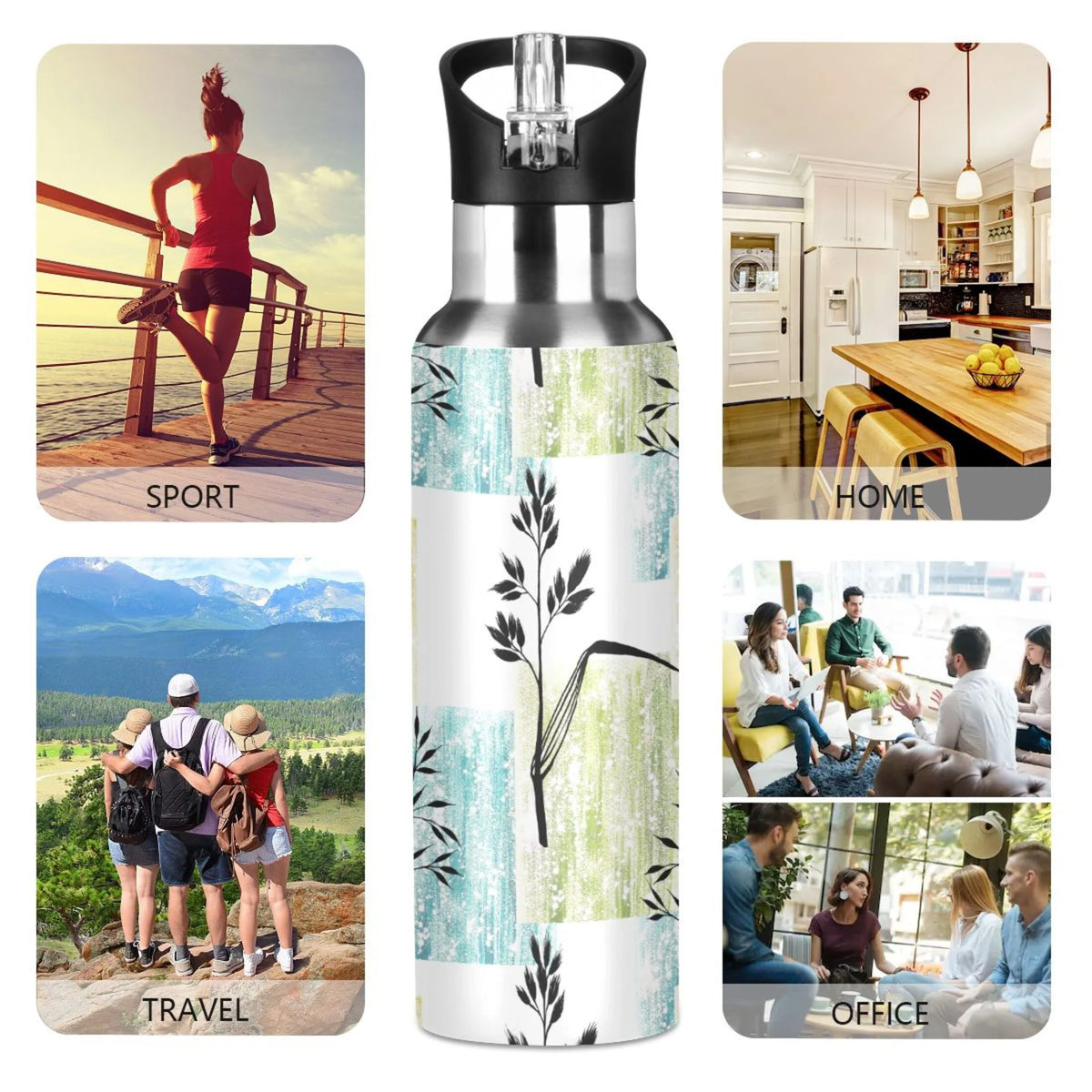 Black and White Grasses Stainless Steel Insulated Water Bottle with Straw Lid O174459