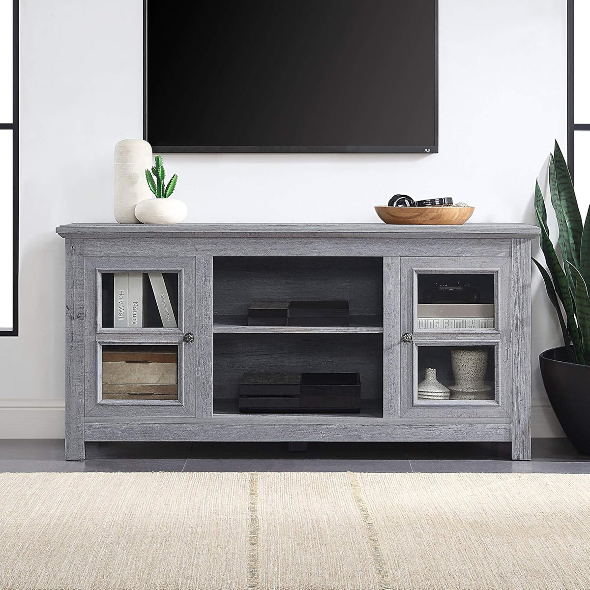 58 Inch Electric Fireplace TV Stand with Open Storage Shelves & Cabinets T963