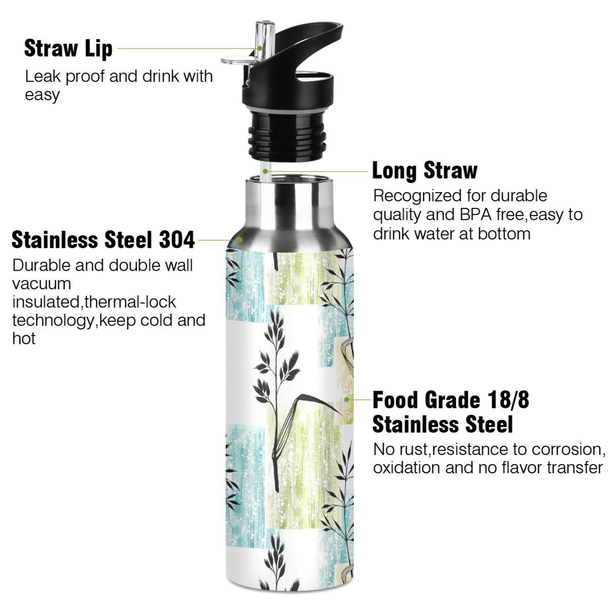 Black and White Grasses Stainless Steel Insulated Water Bottle with Straw Lid O174459