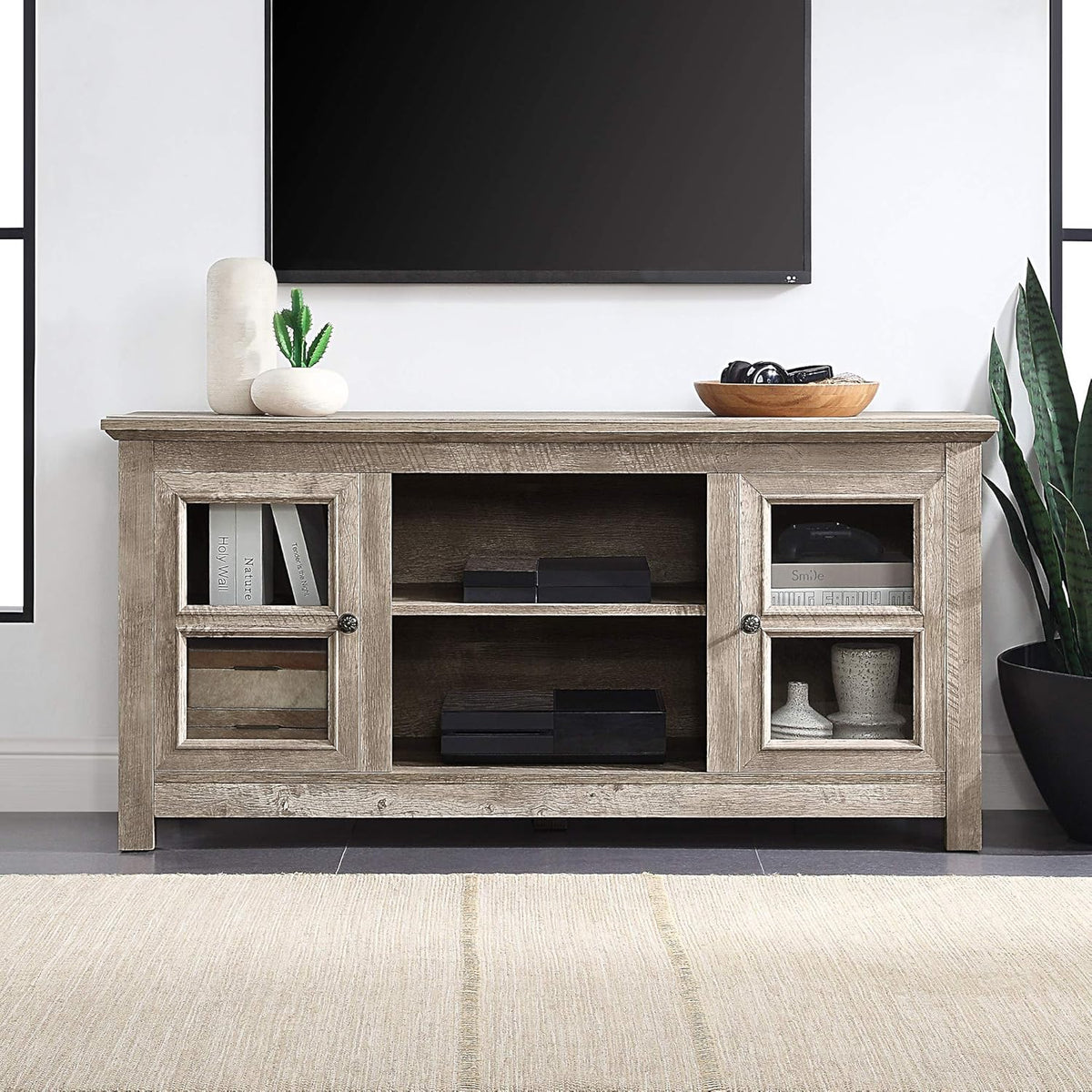 58 Inch Electric Fireplace TV Stand with Open Storage Shelves & Cabinets T963