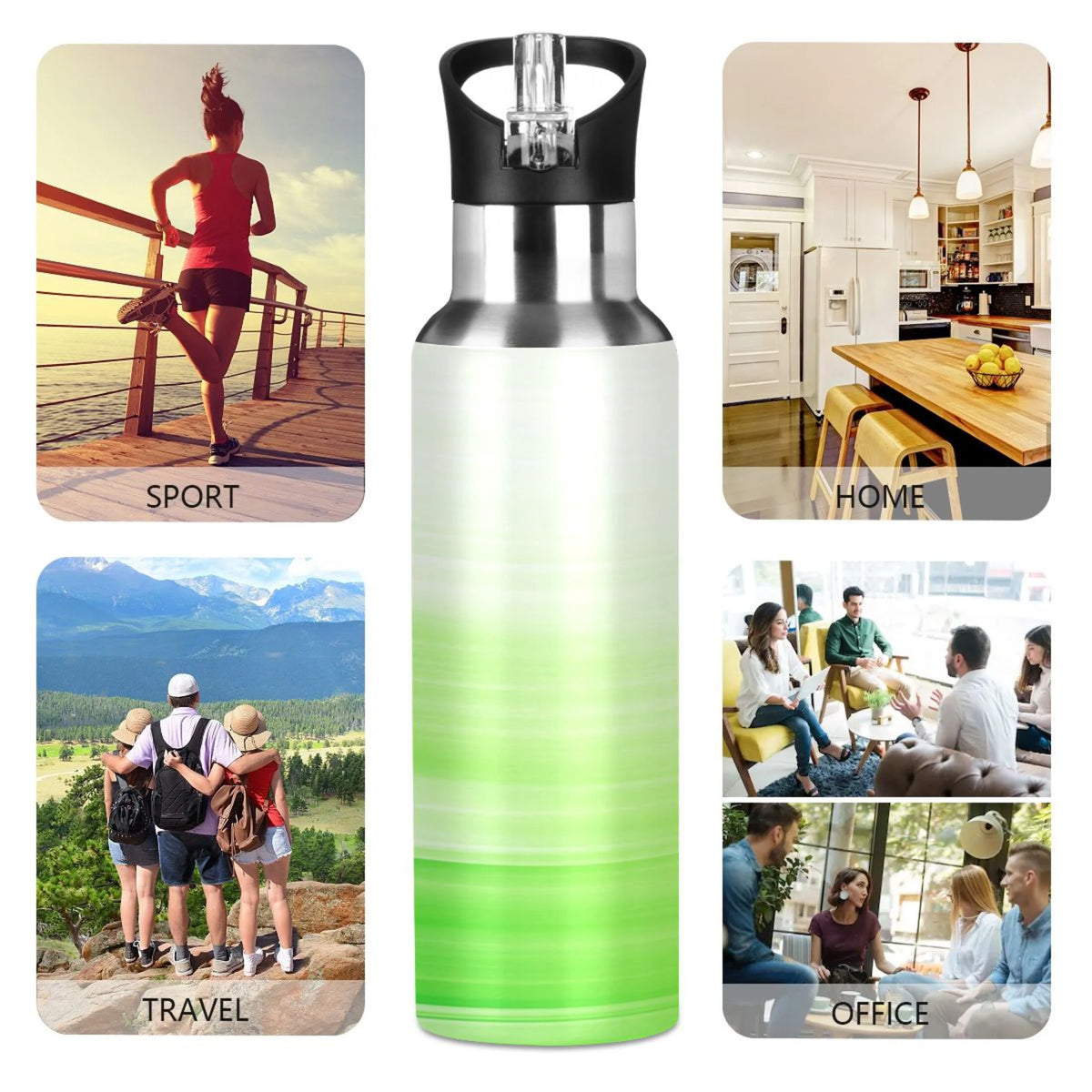 Stainless Steel Water Bottle Gradient Green with Straw Lid Vacuum Insulated Leak Proof Flask 20 OZ N8461