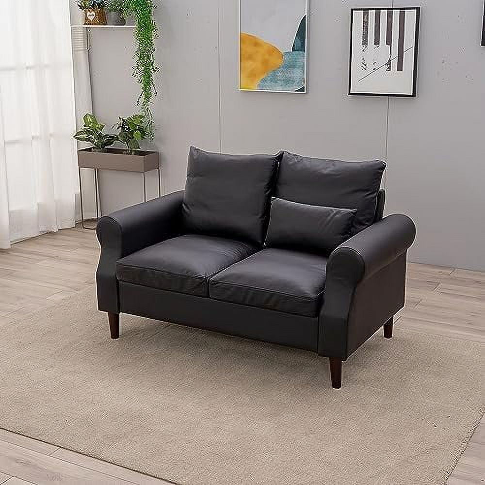 Black Faux Leather 2-Seat Sofa with Wood Leg R5905