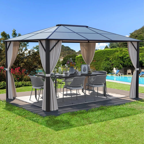 10'x12' Hardtop Gazebo Pergola with Netting and Curtains J5837
