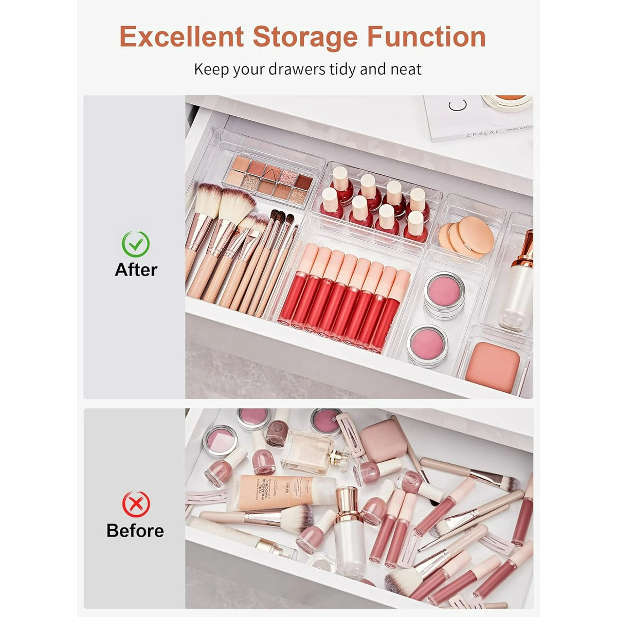 Clear Drawer Organizer with Non-Slip Pads Storage Trays F2947