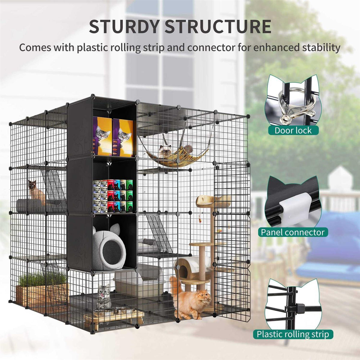 Cat Cage Indoor Large with Storage Cube DIY Catio Cat Enclosures Metal Cat Playpen with Hammock X378075