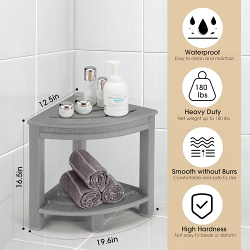 White HDPE Corner Shower Stool with Storage Shelf X2472