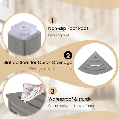 White HDPE Corner Shower Stool with Storage Shelf X2472