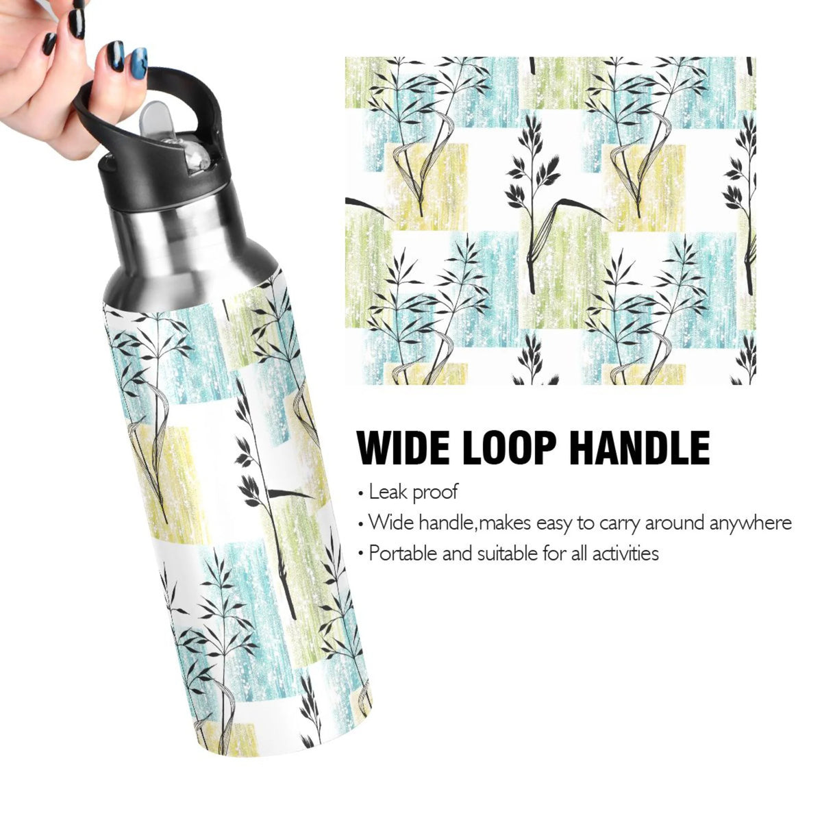 Black and White Grasses Stainless Steel Insulated Water Bottle with Straw Lid O174459