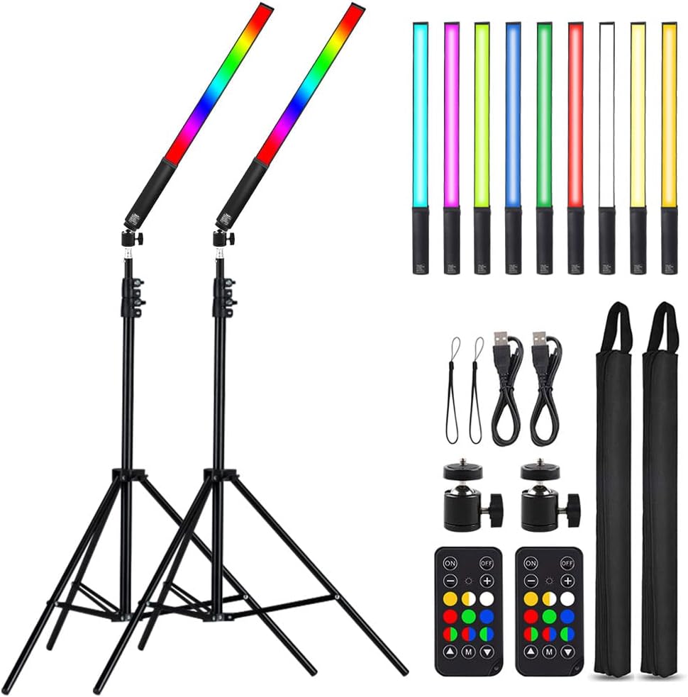 LED Light Sticks RGB Light Wand Photography Light Stick Video Lighting Kit 9 Color Modes with Tripods Pack of 2 H414
