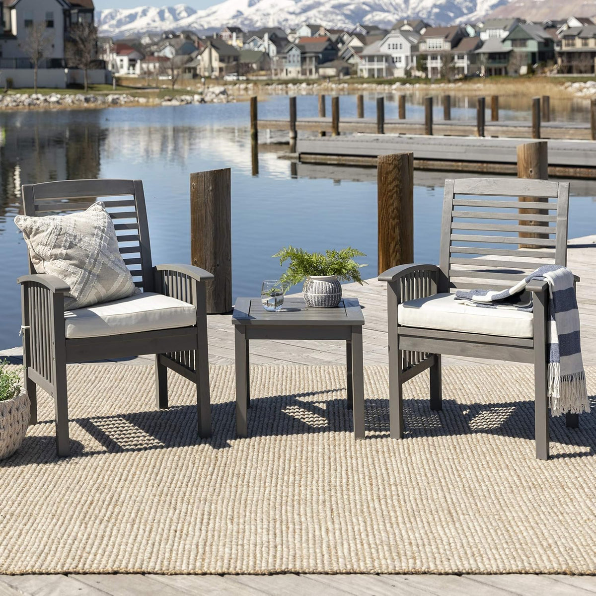 Solid Acacia Wood Slat Back Outdoor Dining Chairs, Set of 2, Dark Brown R537
