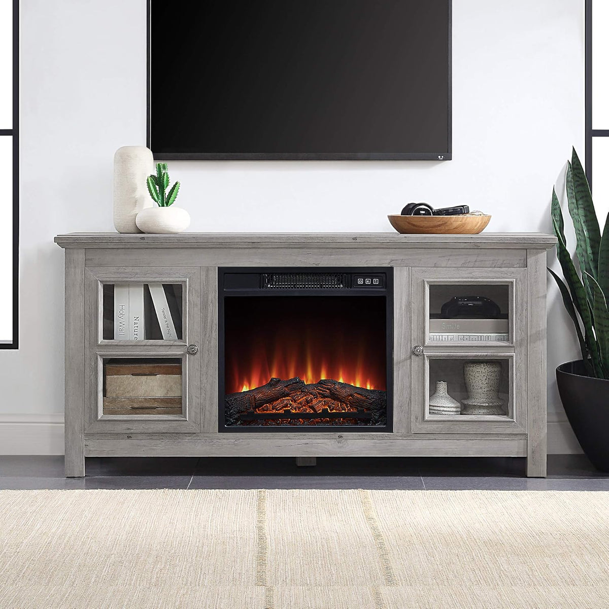 58 Inch Electric Fireplace TV Stand with Open Storage Shelves & Cabinets T963