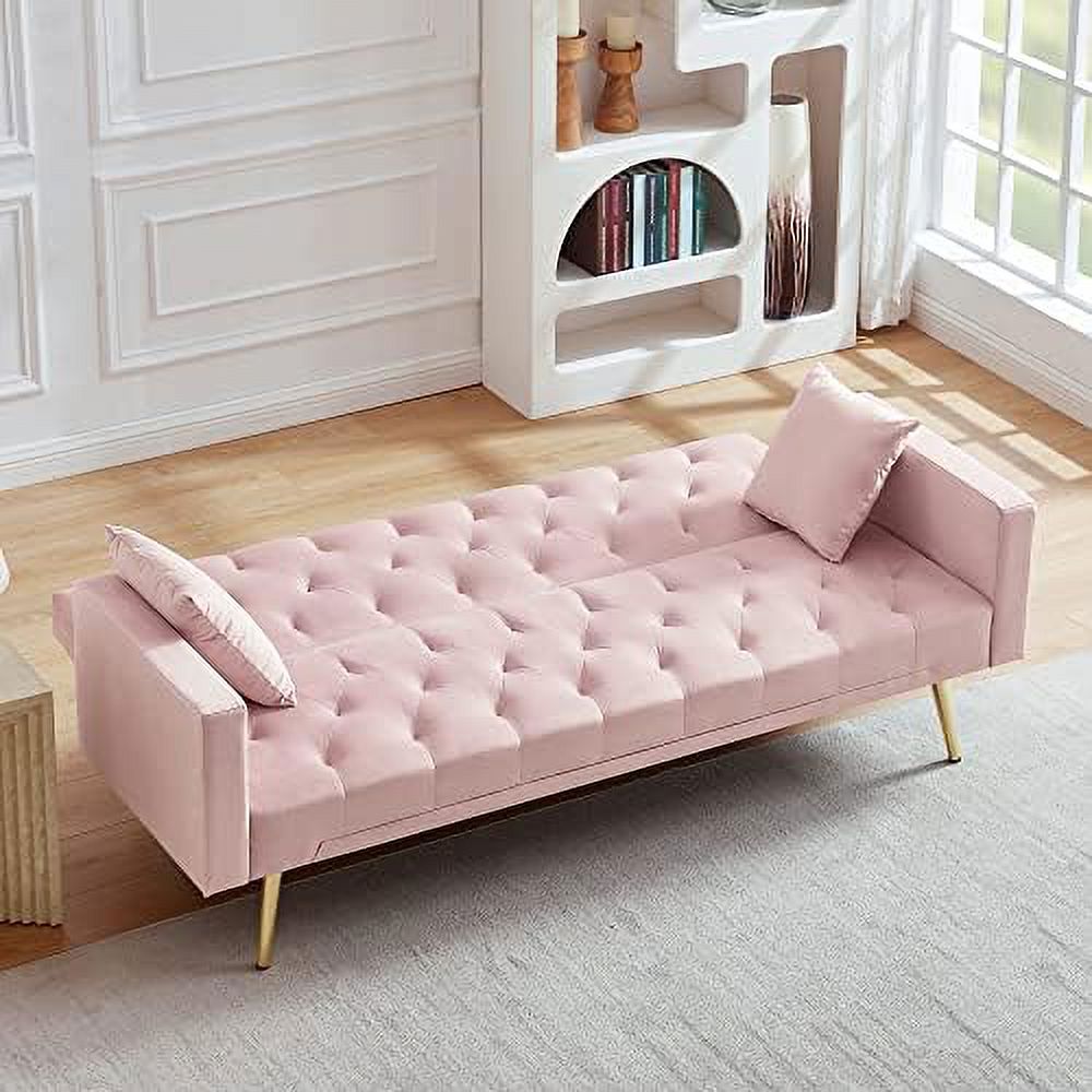 Pink Velvet Futon Sofa Bed with Two Pillows and Metal Legs W149