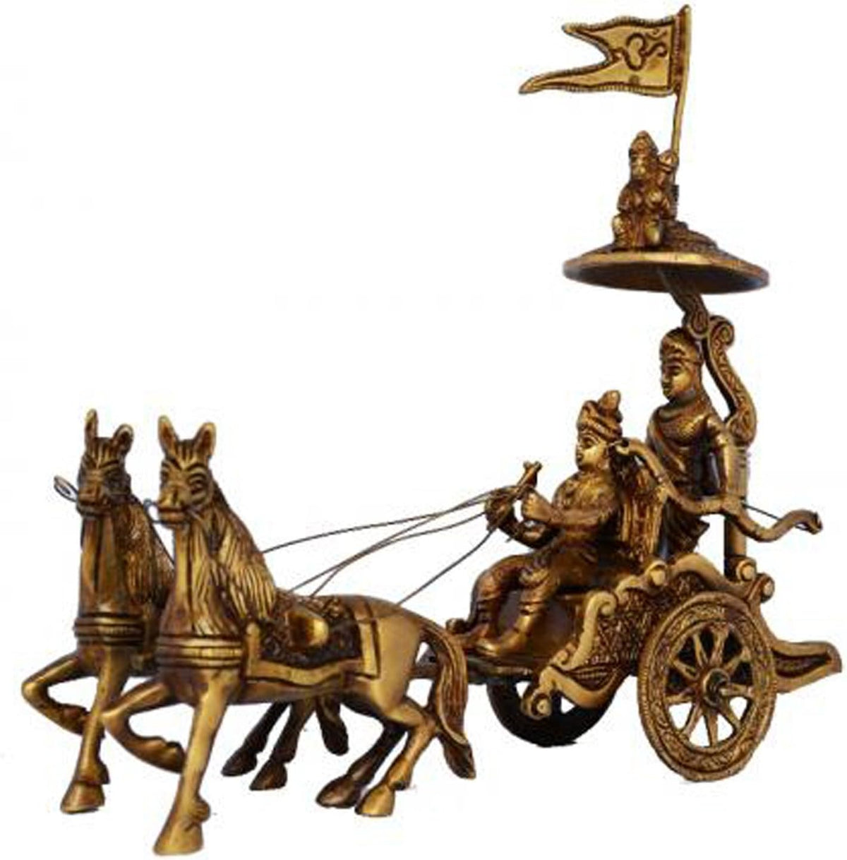 Light Brown Antique Finish Metal Brass Horse Cart Table Decor U554