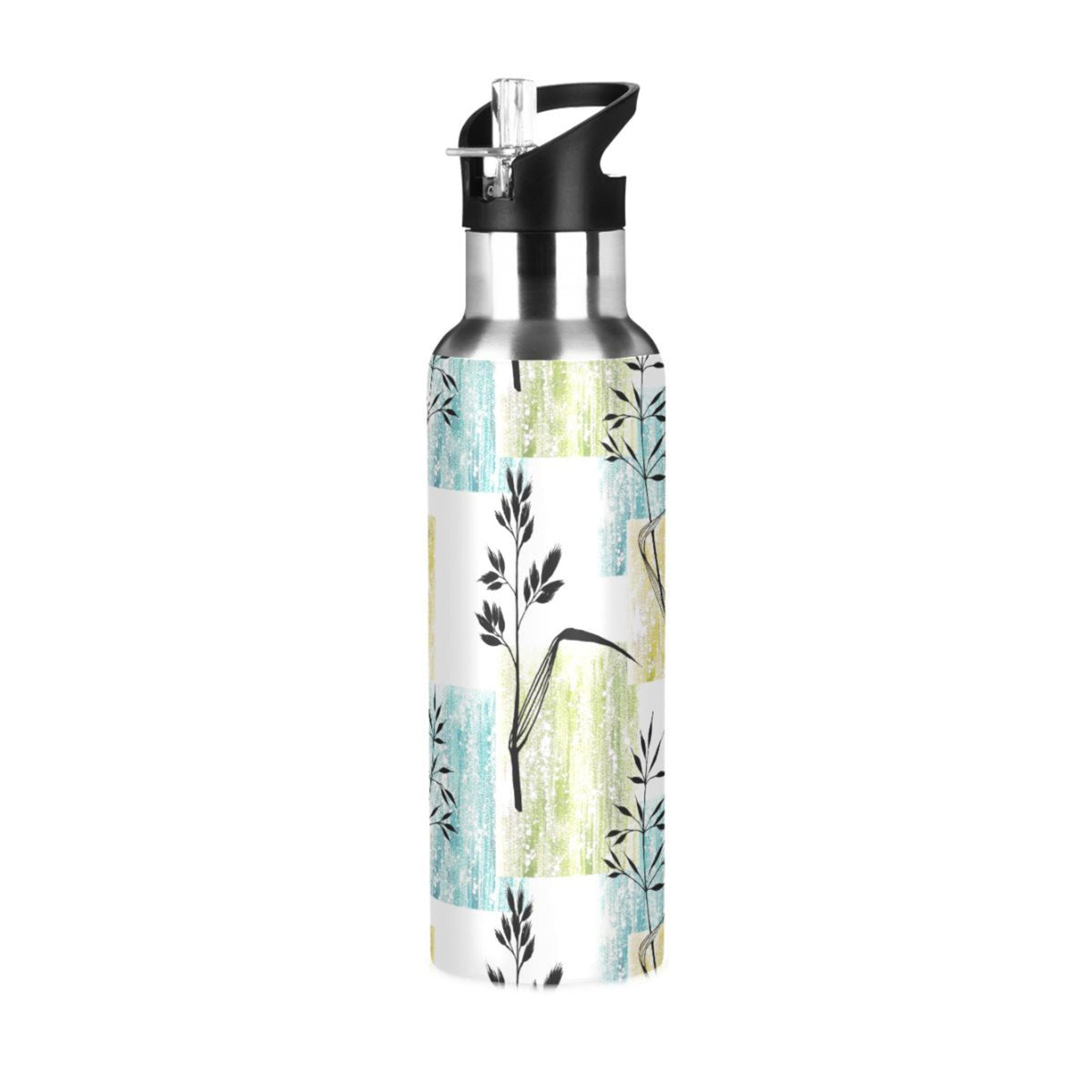 Black and White Grasses Stainless Steel Insulated Water Bottle with Straw Lid O174459