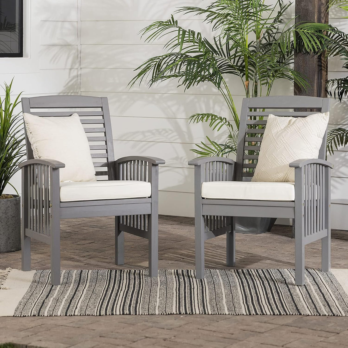Solid Acacia Wood Slat Back Outdoor Dining Chairs, Set of 2, Dark Brown R537
