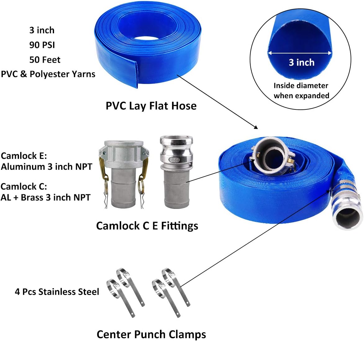 3 x 50' Blue PVC Backwash Hose with Aluminum Camlock Fittings Z822