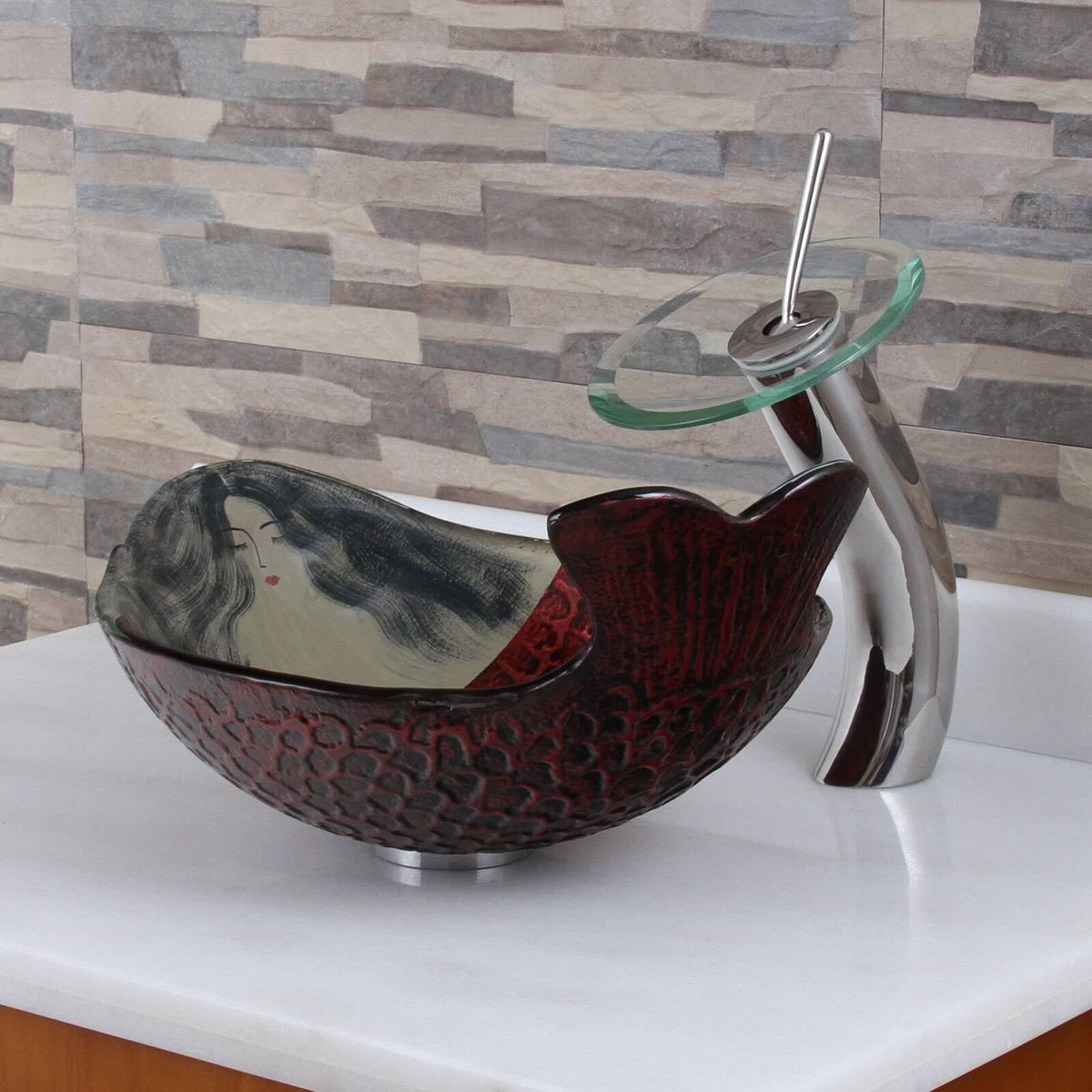 Chrome Finish Tempered Glass Bathroom Vessel Sink and Waterfall Faucet Combo S41227